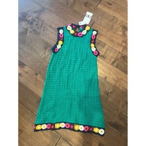 Zara Crochet Knit Dress Floral Sleeveless Green Summer Beach Party Medium